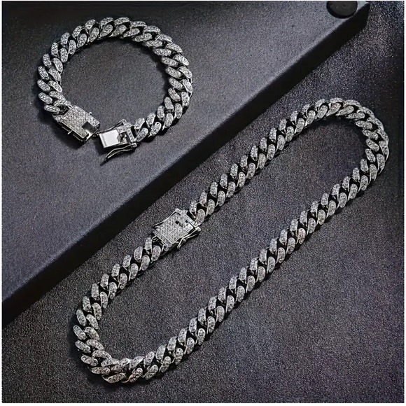 2pcs Necklace 24" Plus Bracelet 8" Hip Hop Style Jewelry Set Trendy Cuban Chain - Picture 3 of 4